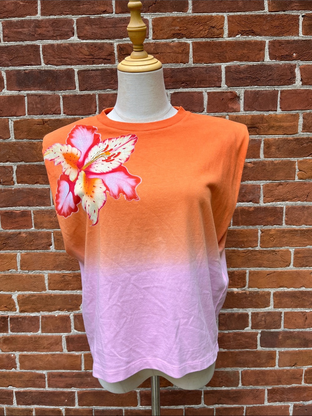 Maje Orange and Pink Ombre Floral Appliqué Tank